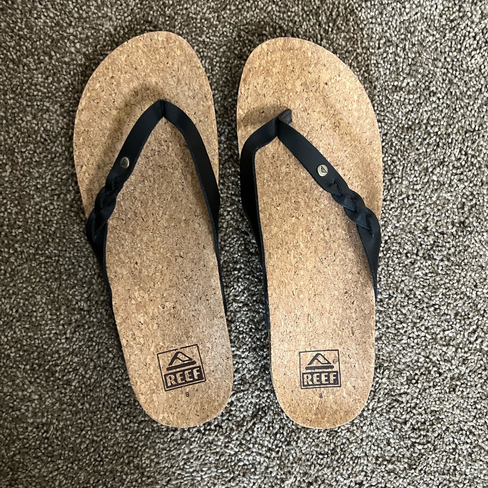 Women’s Reef Cork Footbed Flip Flops with Black Straps